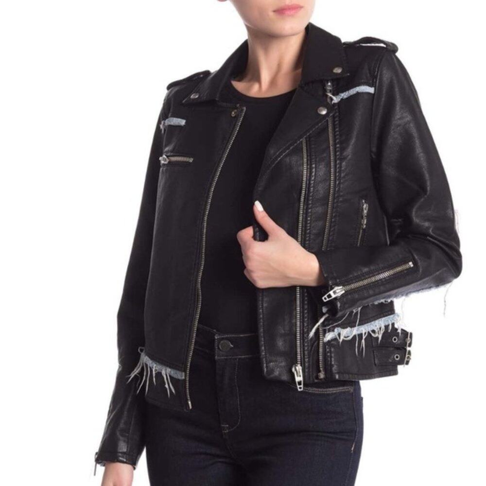 BLANKNYC Faux Leather Fray Denim Trim Moto Jacket